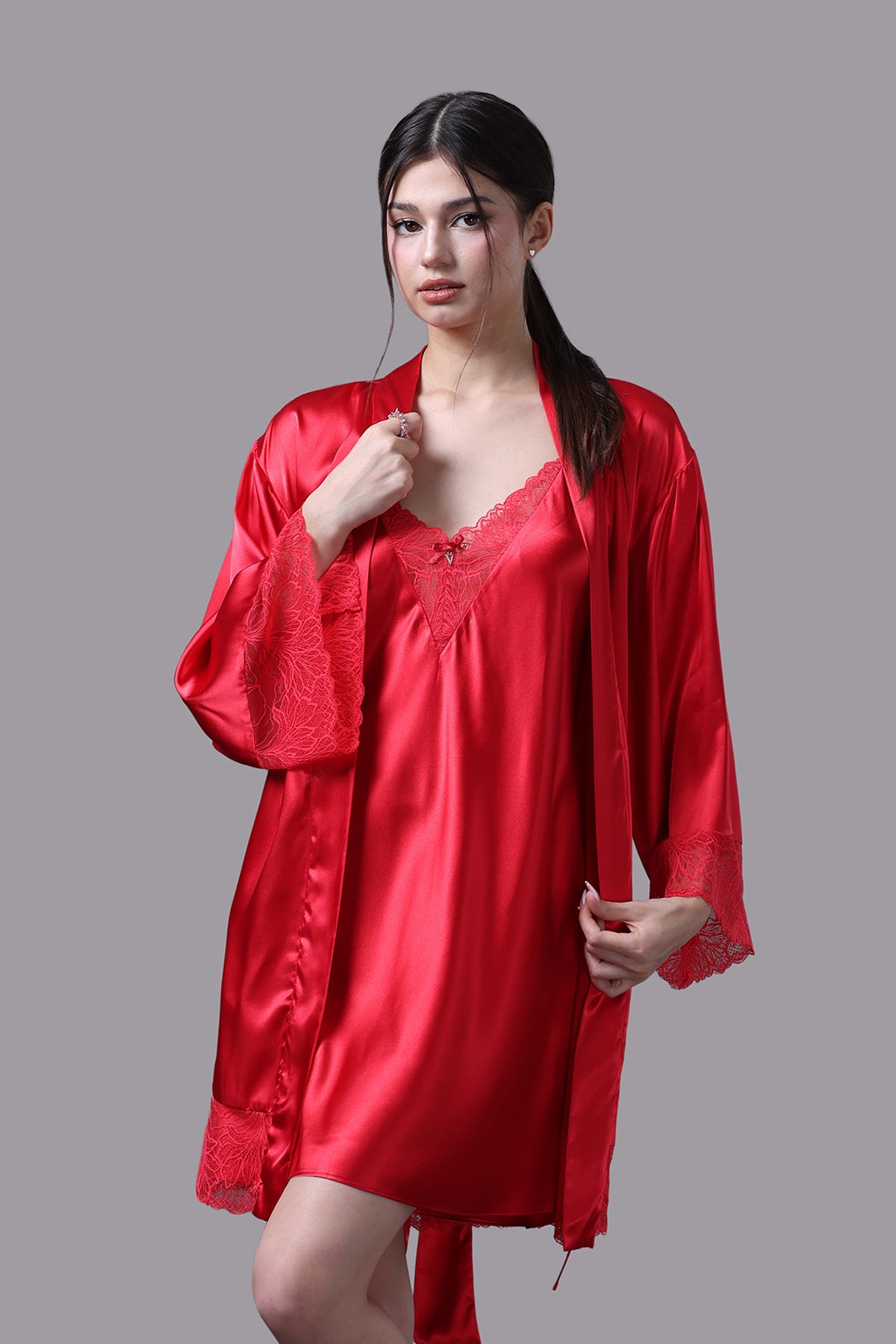 Áo khoác kimono nữ Vera satin phối ren - V0672