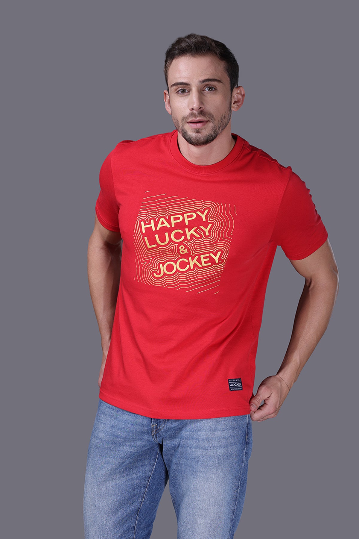 Áo T-shirt Unisex đỏ may mắn in họa tiết Happiness - J4100