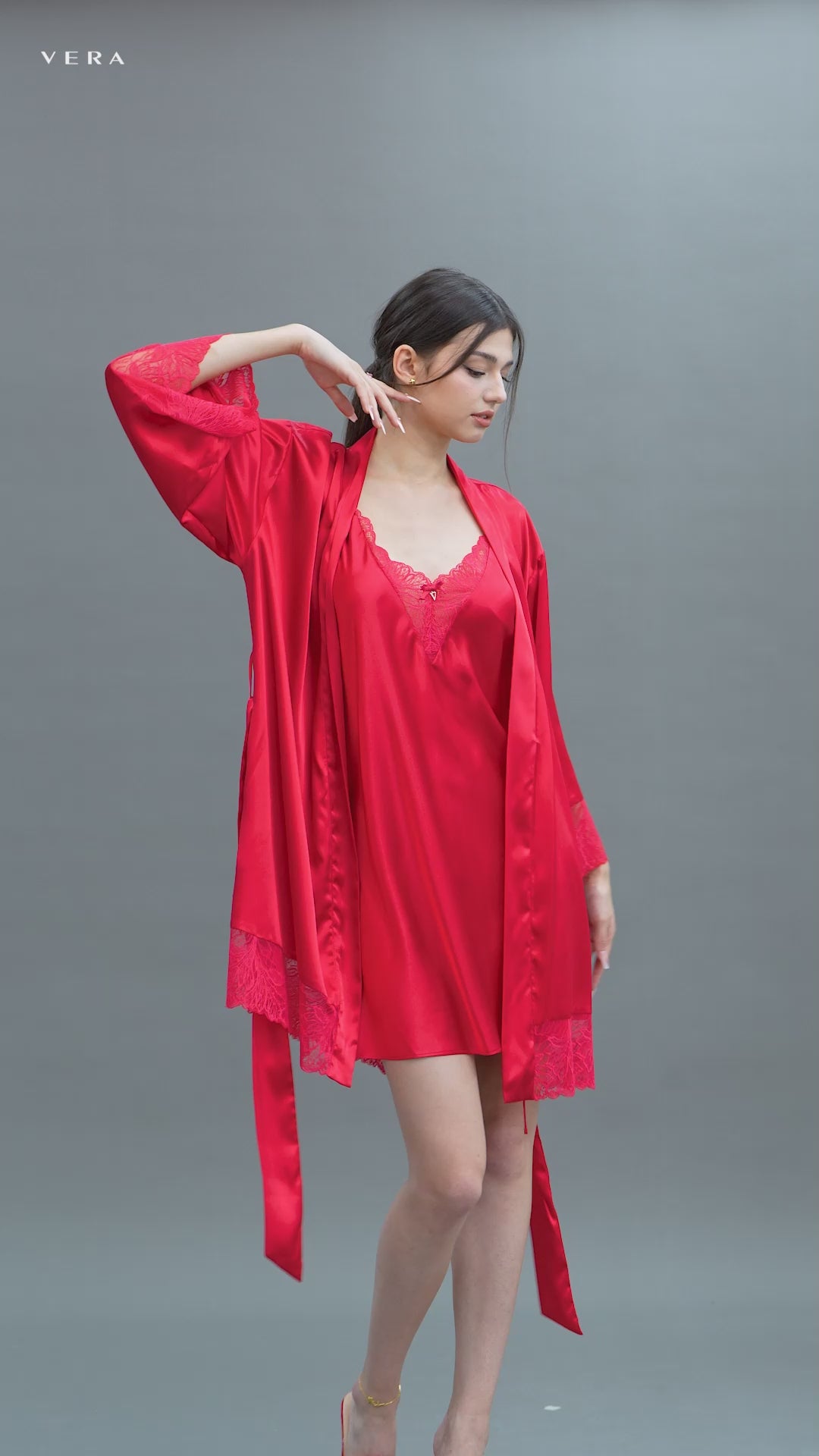 Áo khoác kimono nữ Vera satin phối ren - V0672