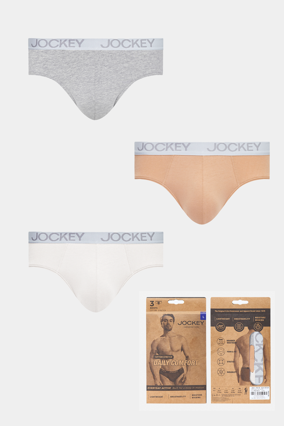 Quần lót nam Brief Jockey Cotton 4 chiều trơn - J4001 pack 3