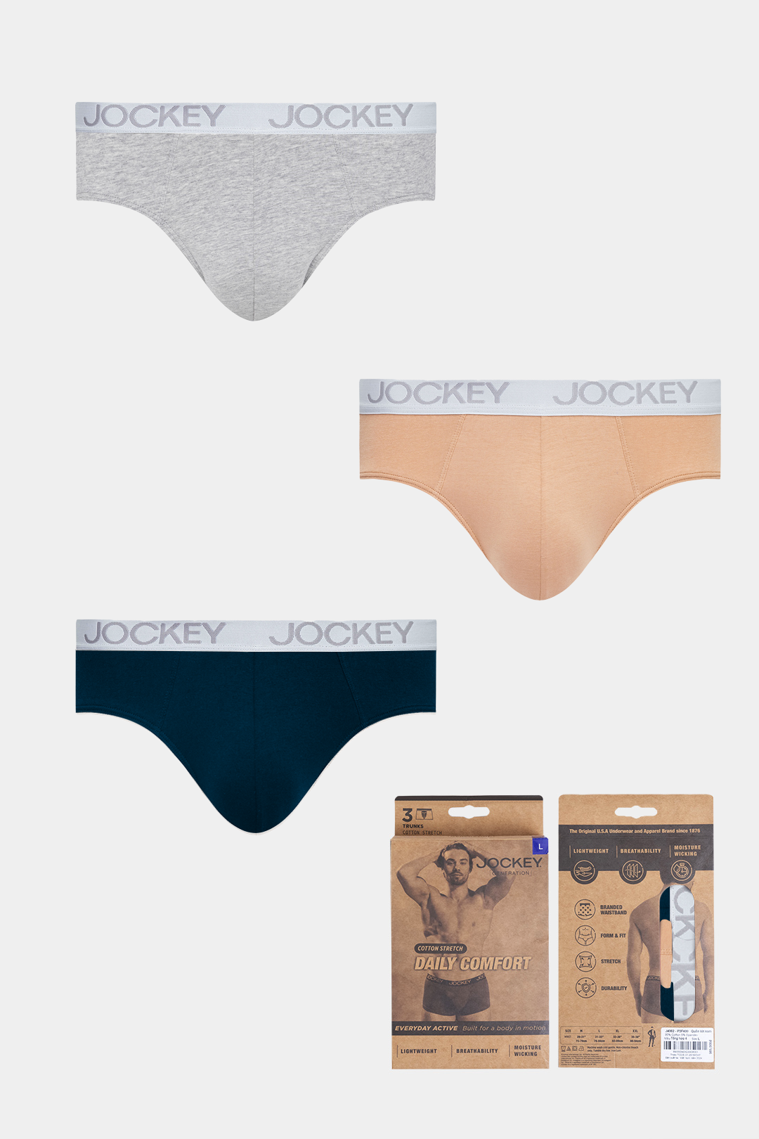 Quần lót nam Brief Jockey Cotton 4 chiều trơn - J4001 pack 3